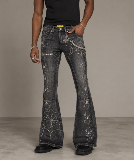 Men's Spiderweb Rhinestone Flare Jeans Washed Black Denim