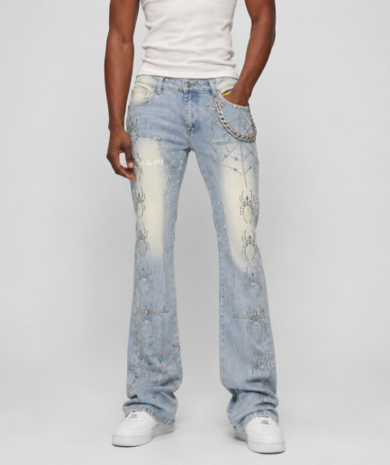 Men's Ice Blue Spiderweb Rhinestone Flare Jeans Light Wash Denim