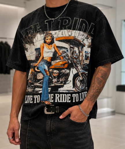 BKYS “Live to Ride” Rhinestone Graphic Oversized T-Shirt – Black