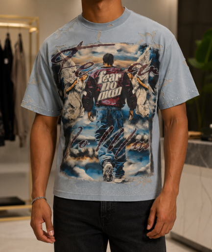 BKYS “Fear No Man” Rhinestone Graphic T-Shirt – Light Blue