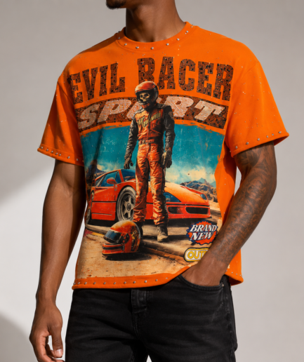 Evil Racer Sport Rhinestone Graphic T-Shirt – Orange