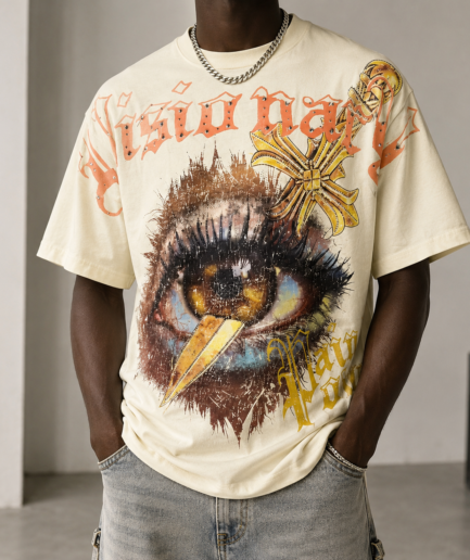 Men's Oversized Graphic Eye Print T-Shirt Vintage Cream Streetwear Tee