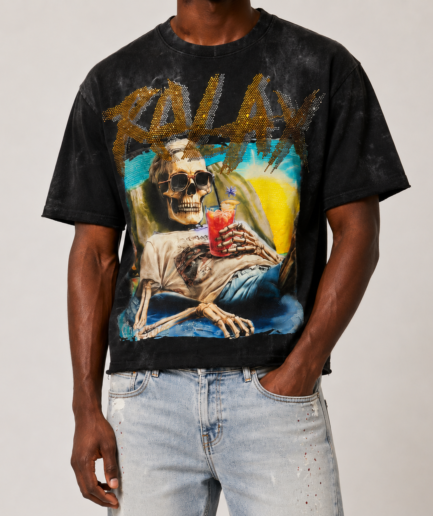 Men's Relaxed Fit "Relax" Skeleton Graphic Washed Black T-Shirt