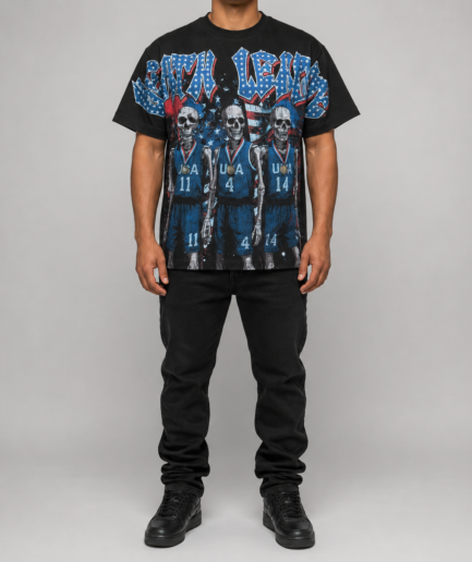 USA Skeleton Basketball Graphic Oversized Black T-Shirt