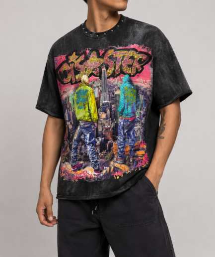 Graffiti City Streetwear Oversized Washed Black Graphic T-Shirt