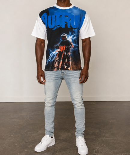 Outrun Lightning Motocross Graphic T-Shirt – White/Blue